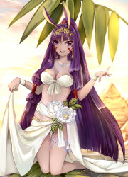 Rule 34 | 1girl, :d, animal ears, backlighting, bad id, bad pixiv id, barefoot, big hair, bikini, bikini top only, blurry, blurry background, blush, breasts, cleavage, clothes lift, collarbone, dark-skinned female, dark skin, day, earrings, facepaint, fate/grand order, fate (series), fingernails, flower, front-tie bikini top, front-tie top, full body, hair tubes, has bad revision, has cropped revision, highres, hoop earrings, jewelry, kneeling, kyanoko (rakalirica), leaf, lifted by self, long hair, looking back, low-tied long hair, medium breasts, nail polish, necklace, nitocris (fate), open mouth, outdoors, palm leaf, pink nails, purple eyes, purple hair, pyramid (structure), sarong, sarong lift, smile, solo, sunlight, swimsuit, teeth, thigh gap, thigh strap, upper teeth only, very long hair, white bikini, white flower, wristband