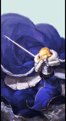 Rule 34 | 1girl, armor, artoria pendragon (fate), blonde hair, blue eyes, breastplate, cape, excalibur (fate/stay night), fate/stay night, fate (series), gauntlets, highres, holding, holding sword, holding weapon, labombardier!, looking at viewer, saber (fate), solo, sword, weapon