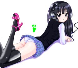 Rule 34 | 1girl, akiyama mio, ass, black eyes, black hair, blush, headphones, high heels, k-on!, koss, long hair, looking back, lying, miniskirt, on stomach, open shoes, panties, pantyshot, pleated skirt, product placement, shoes, simple background, skirt, solo, sweater vest, thighhighs, underwear, upskirt, white background, white panties, zz-r