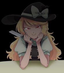 Rule 34 | 1girl, black background, black hat, black vest, blonde hair, blouse, blush, bow, closed mouth, commentary request, cookie (touhou), hat, hat bow, head rest, highres, holding, holding knife, kirisame marisa, knife, long hair, looking at viewer, odennoden, red eyes, shirt, smile, solo, star (symbol), suzu (cookie), touhou, upper body, vest, white bow, white shirt, witch hat