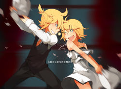 Rule 34 | 1boy, 1girl, blonde hair, blue eyes, brother and sister, camisole, cendrillon (vocaloid), dress, feathers, formal, frilled camisole, frills, glider (artist), guraida, hair ornament, hairclip, kagamine len, kagamine rin, messy hair, motion blur, necktie, one eye closed, pillow, pillow fight, short dress, short hair, siblings, smile, song name, star-shaped pupils, star (symbol), suit, symbol-shaped pupils, twins, vocaloid, wince, wink