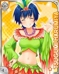 Rule 34 | 1girl, aqua eyes, bead necklace, beads, bird girl, blue hair, breasts, card (medium), character name, closed eyes, closed mouth, feathers, girlfriend (kari), green eyes, green shirt, halloween, harumiya tsugumi, jewelry, looking at viewer, midriff, navel, necklace, official art, qp:flapper, red skirt, shirt, short hair, skirt, smile, standing, tagme, tomboy, yellow background