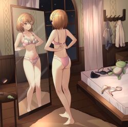Rule 34 | 1girl, absurdres, artist request, ass, bare legs, bare shoulders, barefoot, bedroom, blush, breasts, brown eyes, brown hair, collarbone, flower, full body, gekota, hair flower, hair ornament, highres, indoors, lingerie, matching hair/eyes, mirror, misaka mikoto, navel, night, night sky, panties, reflection, shadow, shoulder blades, sky, small breasts, smile, solo, source request, standing, star (sky), stomach, toaru kagaku no railgun, toaru majutsu no index, toes, trying on clothes, underwear