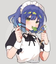 Rule 34 | 1girl, apron, black dress, black ribbon, blue hair, blush, bocchi the rock!, buttons, collared dress, dress, eating, enipa 28, gradient hair, grey background, hair between eyes, hair ornament, hairclip, hands up, heart, highres, holding, looking at viewer, maid, maid headdress, mole, mole under eye, multicolored hair, neck ribbon, puffy short sleeves, puffy sleeves, ribbon, salad, short hair, short sleeves, simple background, solo, upper body, white apron, wrist cuffs, yamada ryo, yellow eyes