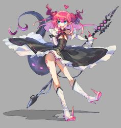 Rule 34 | 1girl, :d, absurdres, black dress, blue eyes, boots, closed eyes, detached sleeves, dragon girl, dragon horns, dragon tail, dress, earrings, elizabeth bathory (fate), elizabeth bathory (fate/extra ccc), elizabeth bathory (first ascension) (fate), fang, fate/extra, fate/extra ccc, fate (series), flat chest, floating hair, full body, grey background, hair ribbon, hand up, heart, high heel boots, high heels, highres, holding, holding polearm, holding spear, holding weapon, horns, jewelry, knee boots, large tail, long hair, long sleeves, looking at viewer, nichi (hibi suimin), open mouth, outstretched arm, panties, pink hair, pointy ears, polearm, purple horns, purple ribbon, ribbon, sarkany csont landzsa, shadow, simple background, skin fang, skinny, smile, solo, spear, striped clothes, striped panties, tail, underwear, weapon, white footwear