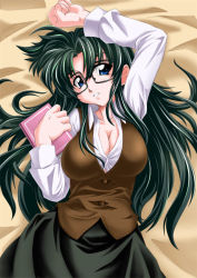 Rule 34 | 00s, 1girl, blue eyes, book, breasts, cleavage, from above, gekato, glasses, green hair, large breasts, long hair, lying, read or die, solo, vest, yomiko readman