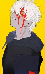 Rule 34 | 1boy, bad id, bad pixiv id, black jacket, blood, blood on face, hair between eyes, highres, hood, hood down, jacket, looking up, male focus, namepino, original, parted lips, simple background, slit pupils, solo, teeth, upper body, white hair, yellow background, yellow eyes