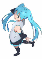 Rule 34 | 1girl, bare shoulders, black thighhighs, blue eyes, blue hair, boots, detached sleeves, elel185, foreshortening, from above, hatsune miku, long hair, looking at viewer, looking up, matching hair/eyes, open mouth, simple background, solo, tattoo, thigh boots, thighhighs, twintails, vocaloid, white background