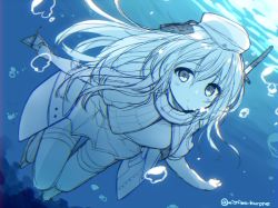 Rule 34 | 10s, 1girl, blue theme, bubble, cropped jacket, dress, garrison cap, hat, kantai collection, long hair, long sleeves, military, military uniform, mishima kurone, puffy long sleeves, puffy sleeves, solo, swimming, twitter username, u-511 (kancolle), underwater, uniform, water