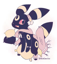 Rule 34 | animal focus, black eyes, ceruleanfrost, colored sclera, creatures (company), game freak, gen 2 pokemon, markings, nintendo, no humans, open mouth, pillow, pokemon, pokemon (creature), red sclera, signature, simple background, smile, umbreon, white background