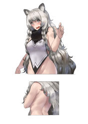 Rule 34 | 1girl, absurdres, alternate costume, animal ear fluff, animal ears, arknights, arm under breasts, bare back, bare legs, barefoot, black hair, blush, breasts, china dress, chinese clothes, chinese commentary, commentary request, dress, female focus, fur collar, grey eyes, highres, large breasts, leopard ears, leopard tail, long hair, multicolored hair, multiple views, open mouth, pelvic curtain, pramanix (arknights), shizuoxing kof, sideboob, silver hair, simple background, sleeveless, tail, thighs, two-tone hair, wavy hair, wavy mouth, white background