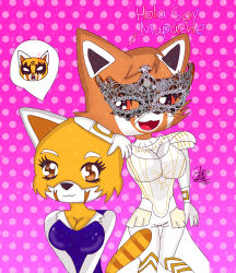Rule 34 | 2girls, absurdres, aggressive retsuko, animal ears, crossover, dress, hand on another&#039;s head, highres, makeup, mask, migetrina4ver2018, multiple girls, office lady, pink background, polka dot, polka dot background, raccoon, raccoon (the masked singer), raccoon ears, raccoon girl, raccoon tail, red panda, red panda ears, red panda tail, retsuko, spanish text, tail, the masked singer, white dress