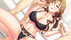 Rule 34 | 1girl, :p, ass, barefoot, blush, bra, breasts, brown eyes, brown hair, cameltoe, censored, cleavage, clothed female nude male, couch, cum, cum on body, cum on hair, cum on upper body, double handjob, facial, feet, game cg, groin, gyaruzuma anri no netorase play, hair between eyes, handjob, indoors, kisaragi kanna, large breasts, legs, long hair, looking at viewer, matching hair/eyes, mosaic censoring, nail polish, naughty face, navel, nude, original, panties, penis, pillow, pussy, red nails, squatting, standing, thighs, tongue, tongue out, underwear, underwear only