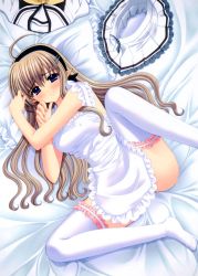 Rule 34 | 00s, 1girl, absurdres, apron, bed, bed sheet, blue eyes, blush, bridal garter, brown hair, frilled thighhighs, frills, hairband, highres, legs up, long hair, looking at viewer, lying, naked apron, nishimata aoi, on back, on bed, pillow, pointy ears, ruri matsuri, school uniform, unworn shirt, shuffle!, shuffle! essence+, skirt, unworn skirt, spread legs, tareme, thighhighs, white thighhighs
