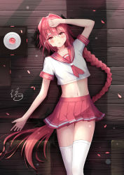 Rule 34 | 1boy, absurdres, arm up, astolfo (fate), astolfo (sailor paladin) (fate), bad id, bad pixiv id, black bow, blush, bow, braid, cherry blossoms, collarbone, commentary request, crop top, cum, cum on hair, cum on male, dated, dot nose, facial, fate/apocrypha, fate (series), furrowed brow, hair between eyes, hair bow, hair intakes, half-closed eyes, hand on own head, highres, lips, long hair, looking at viewer, lying, male focus, miniskirt, navel, neckerchief, official alternate costume, on back, parted lips, pink eyes, pink hair, pink neckerchief, pink sailor collar, pink skirt, pleated skirt, qianqiu wanxia, sailor collar, school uniform, serafuku, shirt, short sleeves, signature, single braid, skirt, sleeve cuffs, solo, stomach, thigh gap, thighhighs, trap, very long hair, white shirt, white thighhighs