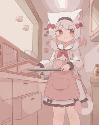 Rule 34 | :t, absurdres, animal ears, apron, bow, cat ears, cat girl, cat tail, colon br, cowboy shot, hair bow, highres, indoors, multicolored hair, original, pink apron, pink hair, red bow, red eyes, tail, toaster oven, white hair