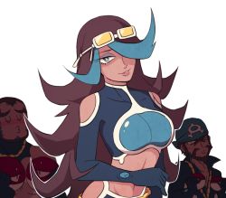 Rule 34 | 10s, 1girl, 2boys, archie (pokemon), archie (pokemon oras), bandana, bare shoulders, big hair, black hair, blue eyes, blue hair, breasts, bright pupils, clothing cutout, collarbone, creatures (company), dark-skinned female, dark-skinned male, dark skin, eyeshadow, game freak, gen 1 pokemon, goggles, goggles on head, hair over one eye, large breasts, lipstick, long hair, makeup, matt (pokemon), matt (pokemon) (remake), multicolored hair, multiple boys, navel, nintendo, o3o, outline, parted lips, poke ball, pokemon, pokemon (creature), pokemon oras, shelly (pokemon), shelly (pokemon oras), shoulder cutout, simple background, smile, solo focus, ssalbulre, streaked hair, team aqua, two-tone hair, very long hair, voltorb, white background