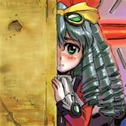 Rule 34 | 1girl, blush, bow, drill hair, embarrassed, green eyes, grey hair, lowres, maria balthasar, peeking out, solo, xenogears, yellow bow