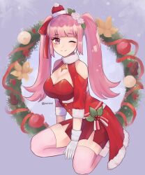 Rule 34 | 1girl, bare shoulders, breasts, brooch, christmas wreath, cleavage, female focus, fire emblem, fire emblem: three houses, fire emblem heroes, gloves, hair ribbon, highres, hilda valentine goneril, jewelry, large breasts, long hair, looking at viewer, matching hair/eyes, nintendo, official alternate costume, one eye closed, pink eyes, pink hair, purrlucii, ribbon, santa costume, smile, solo, star brooch, thighhighs, twintails, twitter username, white gloves, white thighhighs, wink, wreath