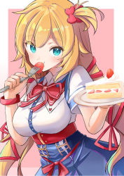 Rule 34 | 1girl, akai haato, akai haato (1st costume), aqua eyes, bad id, bad pixiv id, birthday, blonde hair, blush, cake, cake slice, collared shirt, commentary, eating, food, fork, fruit, hair ornament, hair ribbon, heart, heart hair ornament, holding, holding fork, holding plate, hololive, long hair, looking at viewer, penguinj 05, pink background, plate, ribbon, shirt, simple background, strawberry, upper body, virtual youtuber