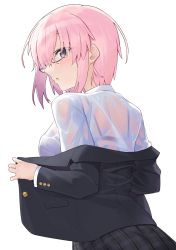 Rule 34 | 1girl, black-framed eyewear, black jacket, black skirt, blazer, blush, bra, bra visible through clothes, breasts, collared shirt, commentary request, fate/grand order, fate (series), from behind, glasses, hair over one eye, hayashi kewi, jacket, long sleeves, looking at viewer, looking back, mash kyrielight, medium breasts, off shoulder, parted lips, pink hair, plaid, plaid skirt, pleated skirt, purple bra, purple eyes, revision, see-through, shirt, simple background, skirt, solo, underwear, wet, wet clothes, wet shirt, white background, white shirt