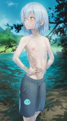 Rule 34 | 1girl, absurdres, artist request, blue hair, blue male swimwear, blue swim trunks, blurry, blurry background, breasts, feet out of frame, hands on own hips, highres, looking to the side, male swimwear, male swimwear challenge, nipples, rimuru tempest, short hair, small breasts, solo, source request, standing, swim trunks, swimsuit, tensei shitara slime datta ken, topless, yellow eyes