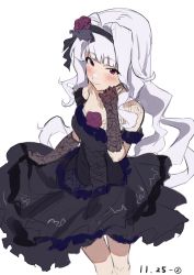 Rule 34 | 1girl, absurdres, black dress, black gloves, blush, dated, dress, flower, gloves, hair flower, hair ornament, hairband, highres, idolmaster, idolmaster (classic), long hair, looking at viewer, off-shoulder dress, off shoulder, purple eyes, shijou takane, smile, solo, uouo unchi, white background, white hair