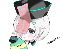 Rule 34 | 1girl, bird, black collar, black hat, blue eyes, chibi, chick, collar, denonbu, eggshell, hair ornament, hair over one eye, hairclip, hat, looking at viewer, matoi 0813, minakami hina, ofuda, qingdai guanmao, short hair, simple background, solo, tongue, tongue out, translation request, upper body, white background