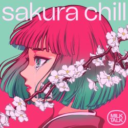 Rule 34 | 1girl, aqua background, aqua eyes, aqua hair, blunt bangs, blunt ends, branch, english text, flower, gradient background, highres, minillustration, original, parted lips, pink background, pink hair, portrait, profile, shadow, short hair, solo, tears, two-tone background, white flower