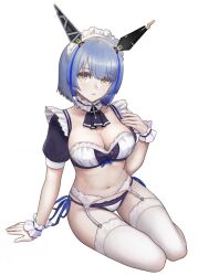Rule 34 | 1girl, arm support, azur lane, blue hair, breasts, cleavage, commentary request, crop top, garter belt, gascogne (azur lane), highres, large breasts, looking at viewer, maid, maid headdress, midriff, navel, panties, parted lips, puffy short sleeves, puffy sleeves, short hair, short sleeves, side-tie panties, sitting, solo, stomach, thighhighs, thighs, tomozou-1971, underwear, white panties, white thighhighs, wrist cuffs, yellow eyes