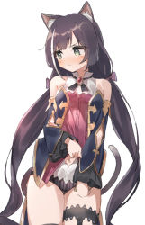 Rule 34 | 1girl, animal ear fluff, animal ears, bare shoulders, black hair, black panties, blush, brooch, cat ears, cat girl, cat tail, closed mouth, clothes lift, cowboy shot, detached sleeves, epi zero, frilled sleeves, frills, gem, green eyes, hair ribbon, highres, jewelry, karyl (princess connect!), lifted by self, long hair, long sleeves, looking away, looking to the side, low twintails, multicolored clothes, multicolored hair, navel, panties, princess connect!, purple ribbon, red gemstone, ribbon, solo, streaked hair, striped clothes, striped panties, tail, thigh strap, twintails, underwear, v-shaped eyebrows, vertical-striped clothes, vertical-striped panties, very long hair, white hair