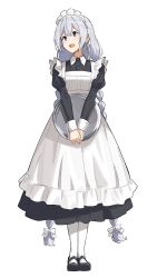 Rule 34 | 1girl, alternate costume, black dress, blue eyes, braid, commentary, dress, enmaided, full body, grey hair, head tilt, highres, holding, holding tray, kizuna akari, long hair, looking to the side, maid, maid headdress, minatsuki (m1natsuk1), open mouth, own hands together, puffy sleeves, simple background, socks, solo, standing, tray, twin braids, very long hair, vocaloid, voiceroid, white background, white socks
