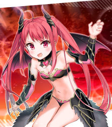 Rule 34 | 1girl, :d, ahoge, armor, armpits, bare shoulders, battle girl high school, bikini armor, blush, breasts, commentary request, cowboy shot, demon girl, demon horns, demon wings, detached collar, faulds, gauntlets, hand up, hasumi urara, heart, highres, horns, kiyosato 0928, leaning forward, long hair, looking at viewer, navel, open mouth, red eyes, red hair, sidelocks, small breasts, smile, solo, standing, stomach, thighs, twintails, v-shaped eyebrows, very long hair, wings