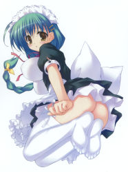 Rule 34 | 1girl, ass, blush, breasts, female focus, full body, green hair, highres, ladies versus butlers!, legs, long hair, maid, miniskirt, scan, shikikagami sanae, simple background, skirt, solo, tagme, thighs, white background