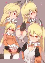 Rule 34 | 10s, 1girl, animal ears, ass, black gloves, blonde hair, blush, bow, bowtie, breasts, clothes pull, ezo red fox (kemono friends), fox ears, fox tail, gloves, hair between eyes, heart, highres, jacket, kemono friends, long hair, long sleeves, multicolored hair, open clothes, open jacket, open mouth, open shirt, panties, panty pull, pantyhose, pantyhose pull, pleated skirt, pussy, red eyes, shirt, skirt, small breasts, solo focus, sumiyao (amam), sweat, tail, tongue, tongue out, uncensored, underwear, white hair, white panties