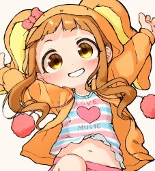 Rule 34 | 1girl, animal hood, arms up, belly, blush, bow, brown hair, child, commentary request, flat chest, grin, heart, highres, hood, hooded jacket, ichihara nina, idolmaster, idolmaster cinderella girls, jacket, long hair, long sleeves, looking at viewer, mugenhouyou, navel, open clothes, open jacket, orange jacket, pink bow, pink skirt, pom pom (clothes), print shirt, rabbit hood, shirt, short bangs, sidelocks, skirt, smile, solo, striped clothes, striped shirt, upper body, white background, yellow eyes