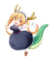 Rule 34 | 1girl, :d, black dress, blonde hair, blush, breasts, brown footwear, chibi, collared shirt, dragon girl, dragon horns, dragon tail, dress, elbow gloves, full body, gloves, hair between eyes, highres, horns, kobayashi-san chi no maidragon, kuena, medium breasts, open mouth, outstretched arm, pantyhose, puffy short sleeves, puffy sleeves, red eyes, shirt, shoes, short sleeves, simple background, sleeveless, sleeveless dress, slit pupils, smile, solo, tail, teeth, tohru (maidragon), twintails, upper teeth only, white background, white gloves, white pantyhose, white shirt
