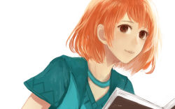 Rule 34 | 1girl, book, brown eyes, close-up, closed mouth, commentary request, dress, green dress, open book, orange hair, original, sakimori (hououbds), short sleeves, simple background, smile, solo, white background