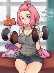 Rule 34 | 1girl, artist name, bangs pinned back, blurry, blurry background, breasts, cleavage, closed mouth, collarbone, commentary request, creatures (company), dumbbell, echizen (n fns17), exercising, eyelashes, galarian form, galarian slowpoke, game freak, gen 4 pokemon, gen 8 pokemon, grey shorts, grey tank top, heart, highres, klara (pokemon), legs together, looking at viewer, medium breasts, mole, mole under mouth, nintendo, one eye closed, pink hair, pokemon, pokemon (creature), pokemon swsh, purple eyes, rotom, rotom phone, shorts, sitting, sleeveless, tank top, weightlifting