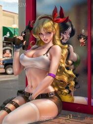 Rule 34 | 2girls, armband, artist name, bare shoulders, between legs, black eyes, black hair, blonde hair, blue eyes, blurry, blurry background, bow, bow hairband, breasts, bullet, character doll, character name, cleavage, copyright name, covered erect nipples, crop top, deviantart sample, different reflection, dragon ball, dual persona, duplicate, finger on trigger, green shirt, gun, hair bow, hair ribbon, hairband, hand between legs, hand up, handgun, highres, holding, holding gun, holding weapon, image sample, large breasts, lips, long hair, looking at viewer, lunch (bad) (dragon ball), lunch (dragon ball), lunch (good) (dragon ball), machine gun, micro uzi, midriff, mirror, multiple girls, navel, parted lips, pistol, red bow, red hairband, reflection, ribbon, see-through, see-through shirt, shirt, short shorts, shorts, single thighhigh, sitting, son goku, submachine gun, tank top, thick lips, thick thighs, thighhighs, thighs, uzi, very long hair, weapon, white shirt, white thighhighs, yam spectrum