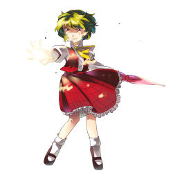 Rule 34 | 1girl, ascot, bad id, bad pixiv id, closed umbrella, danmaku, female focus, glowing, glowing eyes, green hair, hachi (8bit canvas), highres, kazami yuuka, mary janes, open mouth, outstretched arm, plaid, plaid skirt, plaid vest, red eyes, shoes, short hair, skirt, skirt set, smile, solo, touhou, umbrella, vest