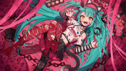 Rule 34 | 1girl, animal ears, animal hairband, aqua hair, bandaid, bandaid on face, chain, check copyright, copyright request, deco27, fake animal ears, fangs, fingernails, hair ornament, hairband, hairclip, hatsune miku, highres, jewelry, kuroi susumu, long fingernails, long hair, lying, makeup brush, messy hair, nail polish, necklace, official art, on back, pantyhose, pillow, red pantyhose, sharp teeth, shirt, shoes, single shoe, solo, teeth, torn clothes, torn pantyhose, torn shirt, twintails, unworn footwear, very long hair, vocaloid, yellow eyes