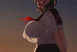 Rule 34 | 1girl, :/, arms behind back, blue sailor collar, blue skirt, breasts, brown eyes, brown hair, closed mouth, commentary, cowboy shot, crop top, crop top overhang, dusk, from side, glasses, highres, huge breasts, long hair, looking at viewer, midriff peek, neckerchief, original, outdoors, own hands together, phara, pleated skirt, plump, red-framed eyewear, red neckerchief, sailor collar, school uniform, see-through silhouette, semi-rimless eyewear, serafuku, shirt, short sleeves, simple background, skindentation, skirt, solo, straight hair, symbol-only commentary, tareme, turning head, white shirt