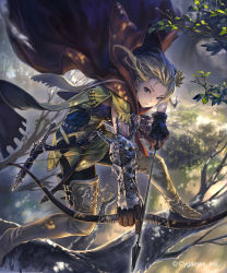 Rule 34 | 1girl, armor, arrow (projectile), black pants, blue eyes, boots, bow (weapon), breastplate, brown footwear, brown gloves, cape, day, drawing bow, fingerless gloves, forest, gloves, green hair, highres, hisakata souji, holding, holding arrow, holding bow (weapon), holding weapon, in tree, knife, nature, outdoors, pants, red cape, sheath, sheathed, shingeki no bahamut, solo, standing, thigh boots, thighhighs, tree, weapon