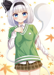 Rule 34 | 1girl, absurdres, autumn leaves, black hairband, blouse, blue eyes, blush, breasts, brown skirt, buttons, closed mouth, collar, collared shirt, contemporary, eyes visible through hair, ghost, ghost print, gradient background, green shirt, hairband, hand up, highres, konpaku youmu, konpaku youmu (ghost), long sleeves, looking at viewer, medium breasts, miniskirt, orange background, plaid, plaid skirt, puffy long sleeves, puffy sleeves, reijing etrn, shirt, short hair, silver hair, skirt, smile, standing, touhou, white background, white shirt, yellow background