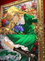 Rule 34 | 1girl, arlizi, ascot, black footwear, blonde hair, blue ascot, blue eyes, boots, commentary, cross-laced footwear, dress, expressionless, flower, frilled dress, frills, green dress, highres, ib (kouri), indoors, knee boots, long hair, looking at viewer, mary (ib), painting (object), rose, solo, through medium, through painting