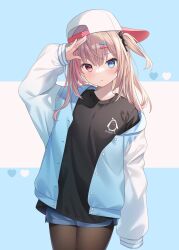 Rule 34 | 1girl, arm up, backwards hat, black bow, black shirt, blue background, blue eyes, blue jacket, blue shorts, blush, bow, breasts, brown hair, brown pantyhose, closed mouth, commentary, grey background, hair bow, hair ornament, hairclip, hat, heart, heterochromia, highres, hitsukuya, jacket, long hair, long sleeves, looking at viewer, meme, multicolored hair, off shoulder, one side up, open clothes, open jacket, original, pantyhose, pantyhose under shorts, pink hair, puffy long sleeves, puffy sleeves, red eyes, shirt, short shorts, shorts, sleeves past wrists, small breasts, solo, streaked hair, symbol-only commentary, two-tone background, white hat