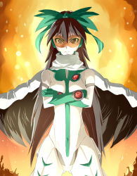Rule 34 | 1girl, 8 (nec8484), black wings, bow, cosplay, crossed arms, crossover, glasses, gunbuster pose, hair bow, long hair, nono (cosplay), nono (top wo nerae 2!), radiation symbol, red eyes, reiuji utsuho, safety glasses, scarf, solo, symbol-shaped pupils, third eye, top wo nerae 2!, touhou, very long hair, wings