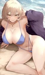 Rule 34 | 1girl, arm behind head, arm support, armpits, beach, bikini, blonde hair, blue bikini, blush, breasts, cardigan, cleavage, collarbone, curvy, fang, feet out of frame, halterneck, highres, large breasts, long hair, looking at viewer, navel, nijisanji, nui sociere, open cardigan, open clothes, outdoors, purple cardigan, sitting, skin fang, smile, solo, swimsuit, very long hair, virtual youtuber, yamanoko 19517
