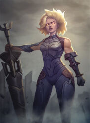 Rule 34 | 1girl, armor, black gloves, blonde hair, breasts, clenched hand, commentary, dark-skinned female, dark skin, elbow gloves, english commentary, gauntlets, gloves, grey sky, highres, holding, holding polearm, holding weapon, jinwei zeng, lance, league of legends, medium hair, outdoors, polearm, rell (league of legends), sky, small breasts, solo, weapon, yellow eyes